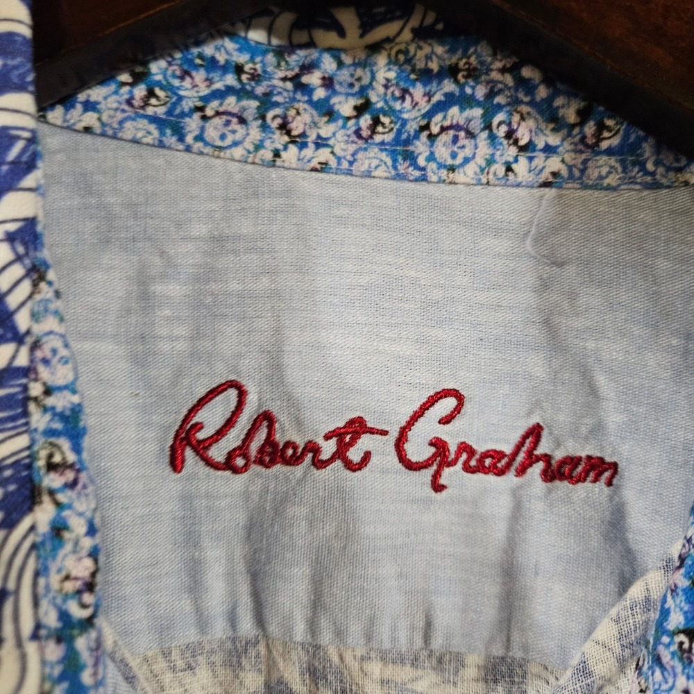 Robert Graham Mens Large Blue White Abstract Linen Cotton Short Sleeve Shirt L - Picture 3 of 8